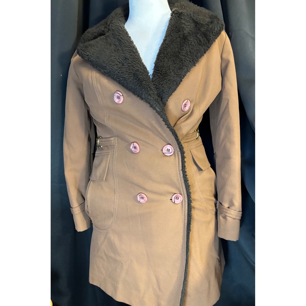 Vintage Camel Brown Double Breasted Faux Fur Collar Trench Coat Jacket Size 8